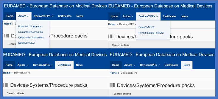 Figure 3: Active and accessible to the public tabs at the EUDAMED website as of November 2022 [2]